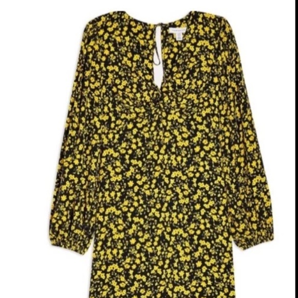 NWT Topshop Floral Godet Twist Back Long Sleeve Midi Dress Yellow Black Size 6 - Picture 2 of 7